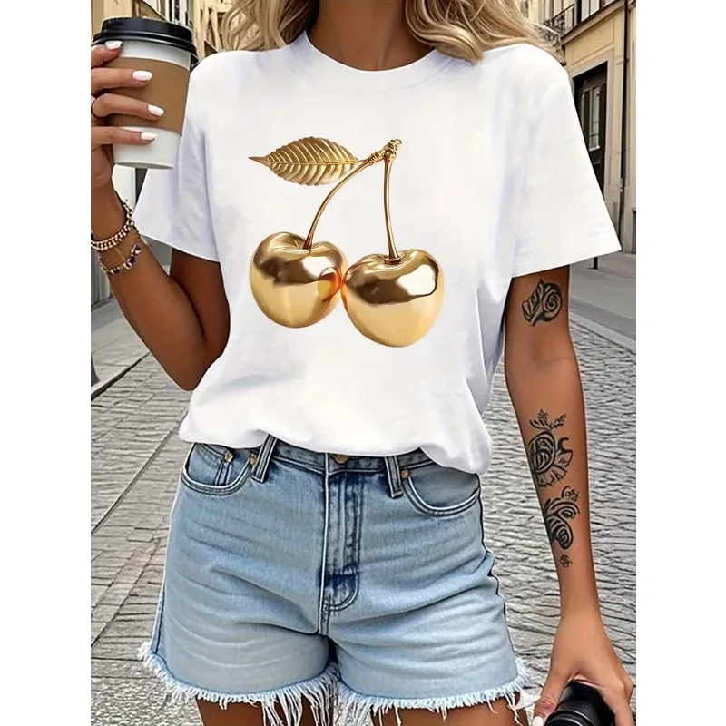 Luxury Metallic Gold Cherry Print Oversized T-Shirt Y2K Fruit Short Sleeve Tee Modern Fashion Fruit Casual Tops for Women