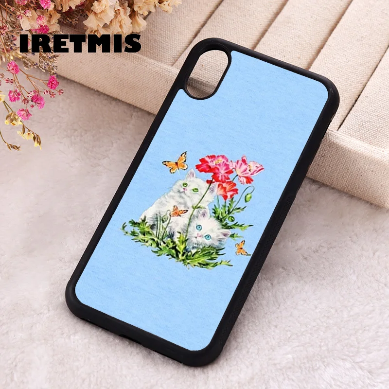 Iretmis Phone Cover Case For iPhone X XS Max XR 11 12 13 PRO MINI 14 15 16 Plus Rubber Silicone Blue Meow Meow