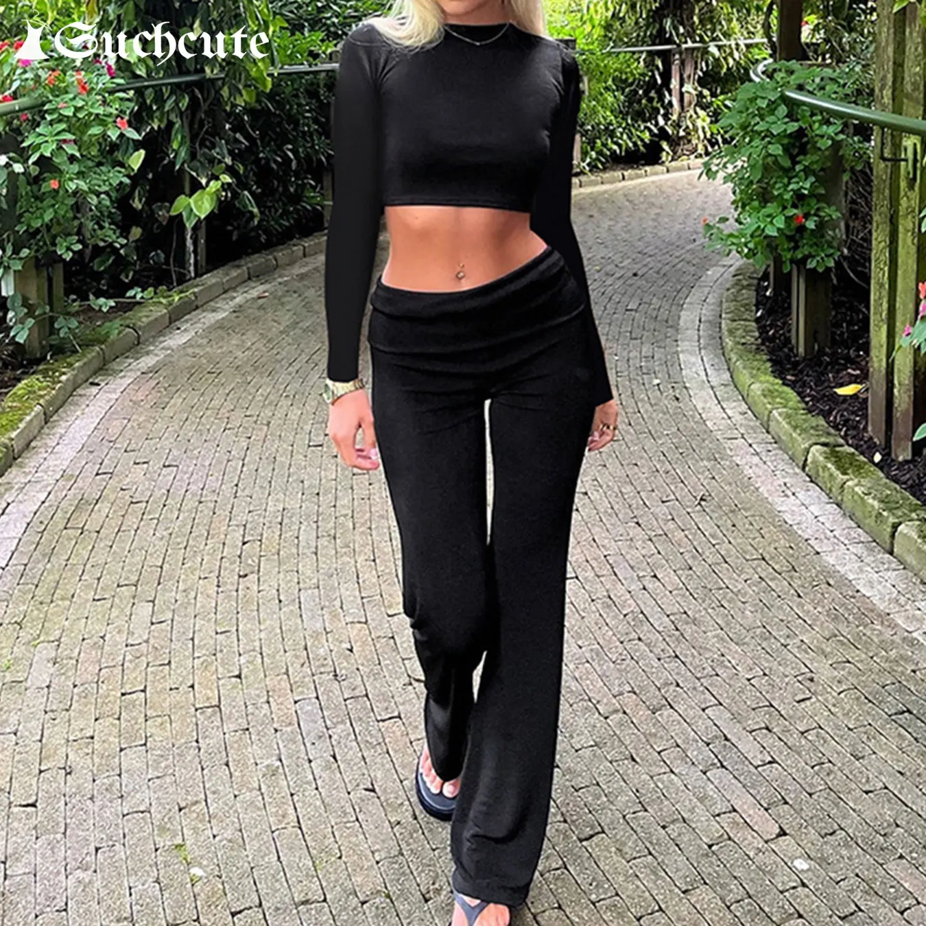 SUCHCUTE Yoga Casual Minimalist Solid Two Piece Set Skinny Sporty Women's Long Sleeve Crop Tops +Turndown Waist Pants Trend 2PCS