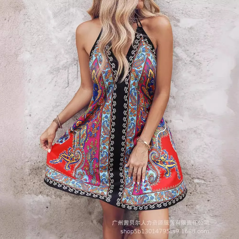 

Vintage Printed V-Neck Dress for Women