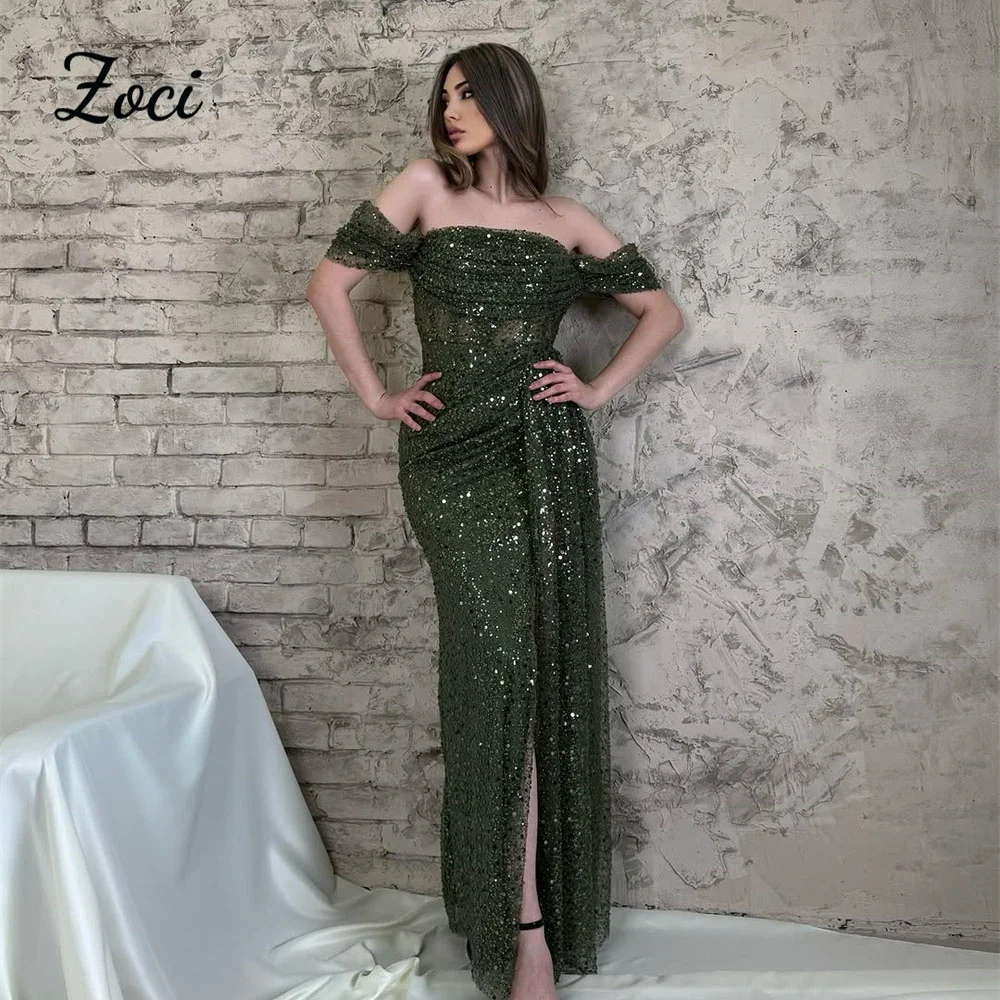 

Zoci Luxury Dark Green Sequined Lace Mermaid Prom Dresses Customized Sparkly Long Evening Gown Women Formal Occasion Party Dress