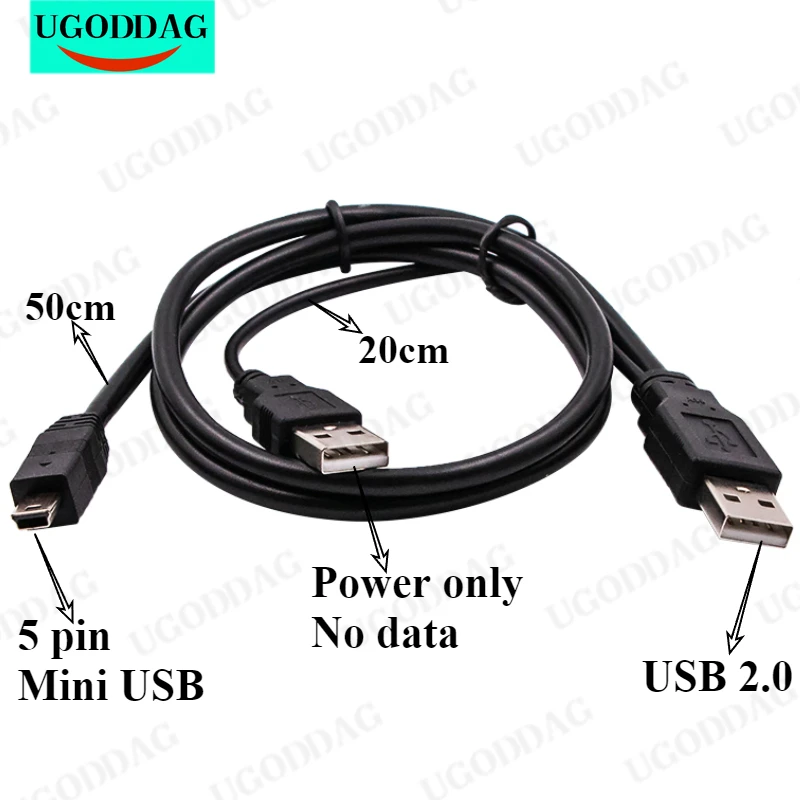 2 in 1 USB 2.0 Double A Type 2A Male to Mini 5 Pin Male Y Cable For 2.5" Mobile Hard Disk Drive HDD Date Cable Portable