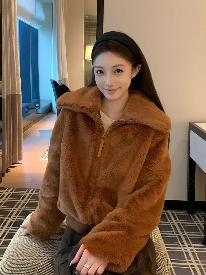 인조 모피 여성 코트, 여성용 휴가용 자수 프리미엄 아메리칸 스타일 허리 조절 가능한 네이처 플레어 기품 있는 트렌드