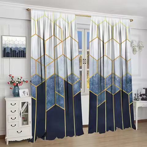 Abstract Geometric Curtains,Blue Marble Home Decor Cubic Grid Pattern Gold Lines Modern Art Printed Curtains for Bedroom Rod