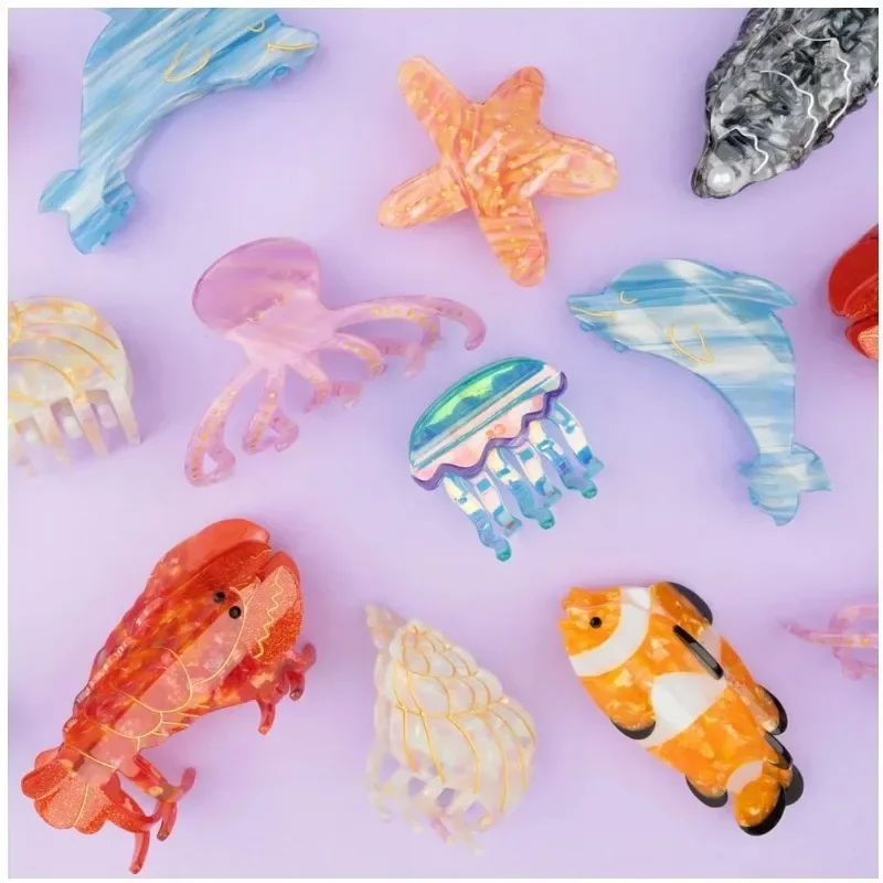 New Marine Animal Acetate hair Clip Clown Fish Lobster Oyster Seahorse Ocean Hair Clip Shark Clip for Women Hair Accessories