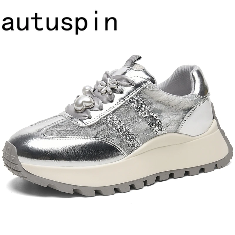 

AUTUSPIN New Genuine Leather Splicing Lace Women Shoes Summer Breathable Outdoor Leisure Sneakers Female Comfy Walking Footwear