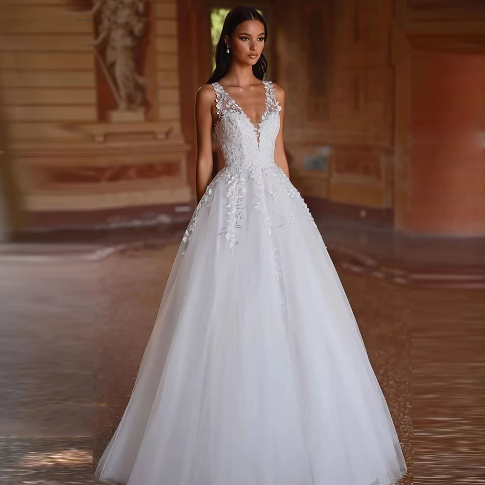 Sexy V-Neck Women Wedding Dresses Elegant Sleeveless Princess Bridal Gowns Mopping Length Banquet Vestidos De Novias Customized