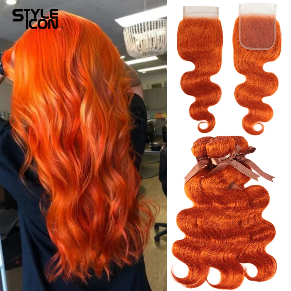 Styleicon-extensiones de pelo ondulado brasileño, mechones de pelo humano colorido Remy con cierre, color naranja y Rubio, 3 uds.