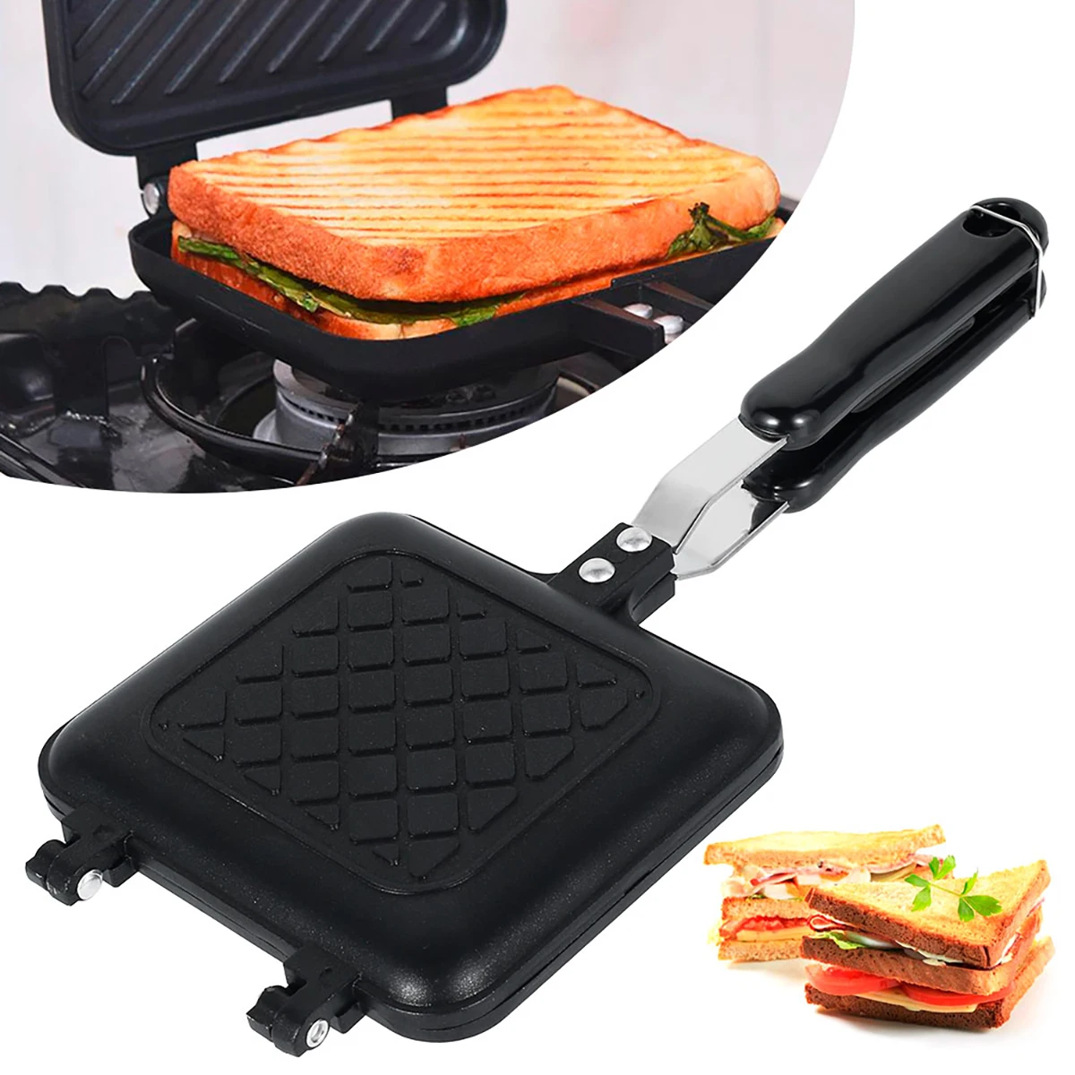 Double-Sided Non-Stick Sandwich Maker Iron Bread Toast Breakfast Machine Waffle Pancake Baking Barbecue Oven Mold Grill Frying