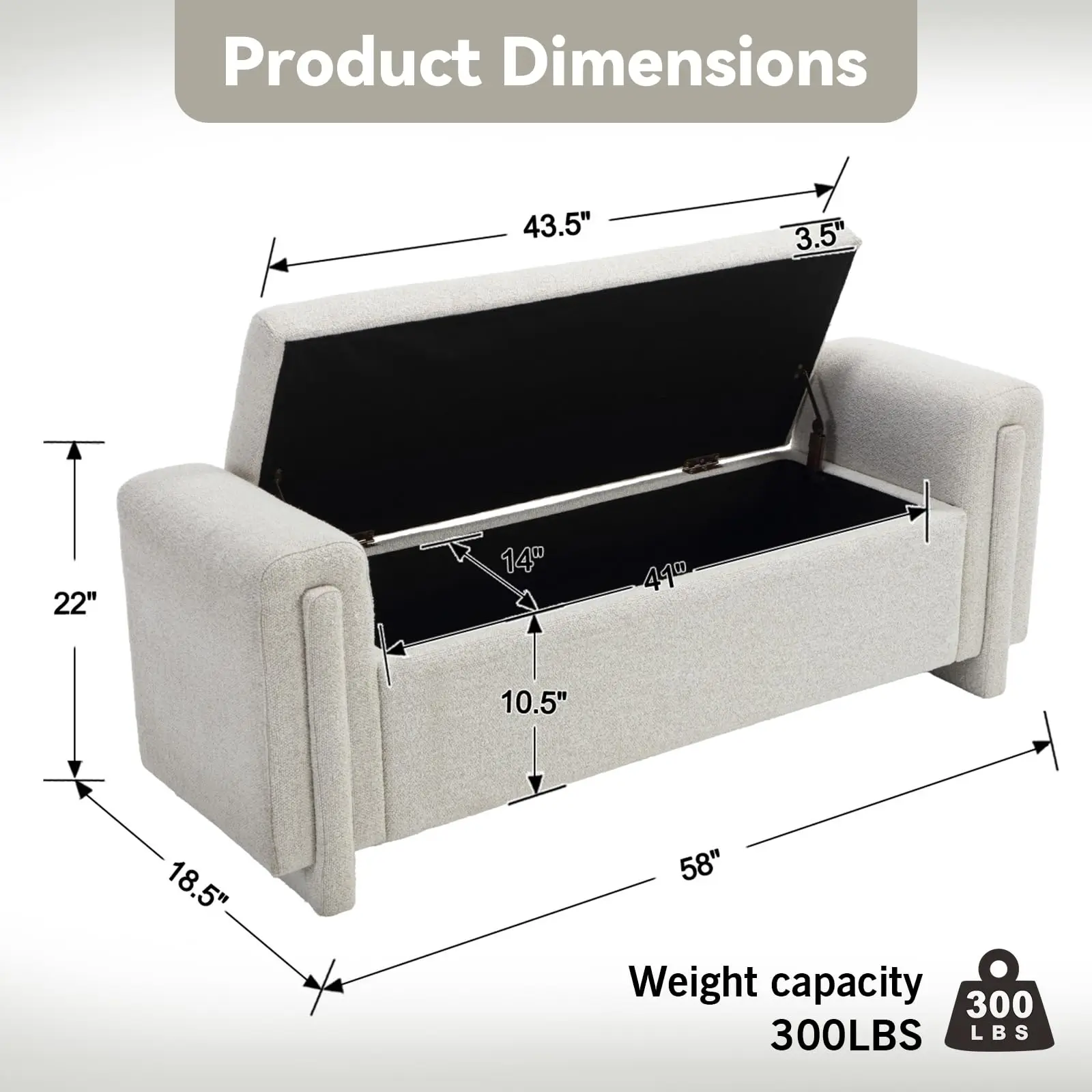 Modern Ottoman Bench with Storage, 58 Inches Boucle Fabric Upholstered End of Bed Bench with Armrests, Comfy Padded