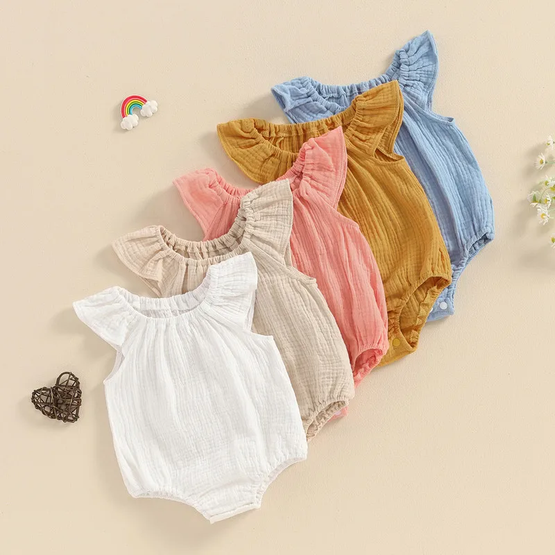 Newborn Baby Girls Bodysuit Summer Clothes Sleeveless Off-shoulder Solid Infant Jumpsuit