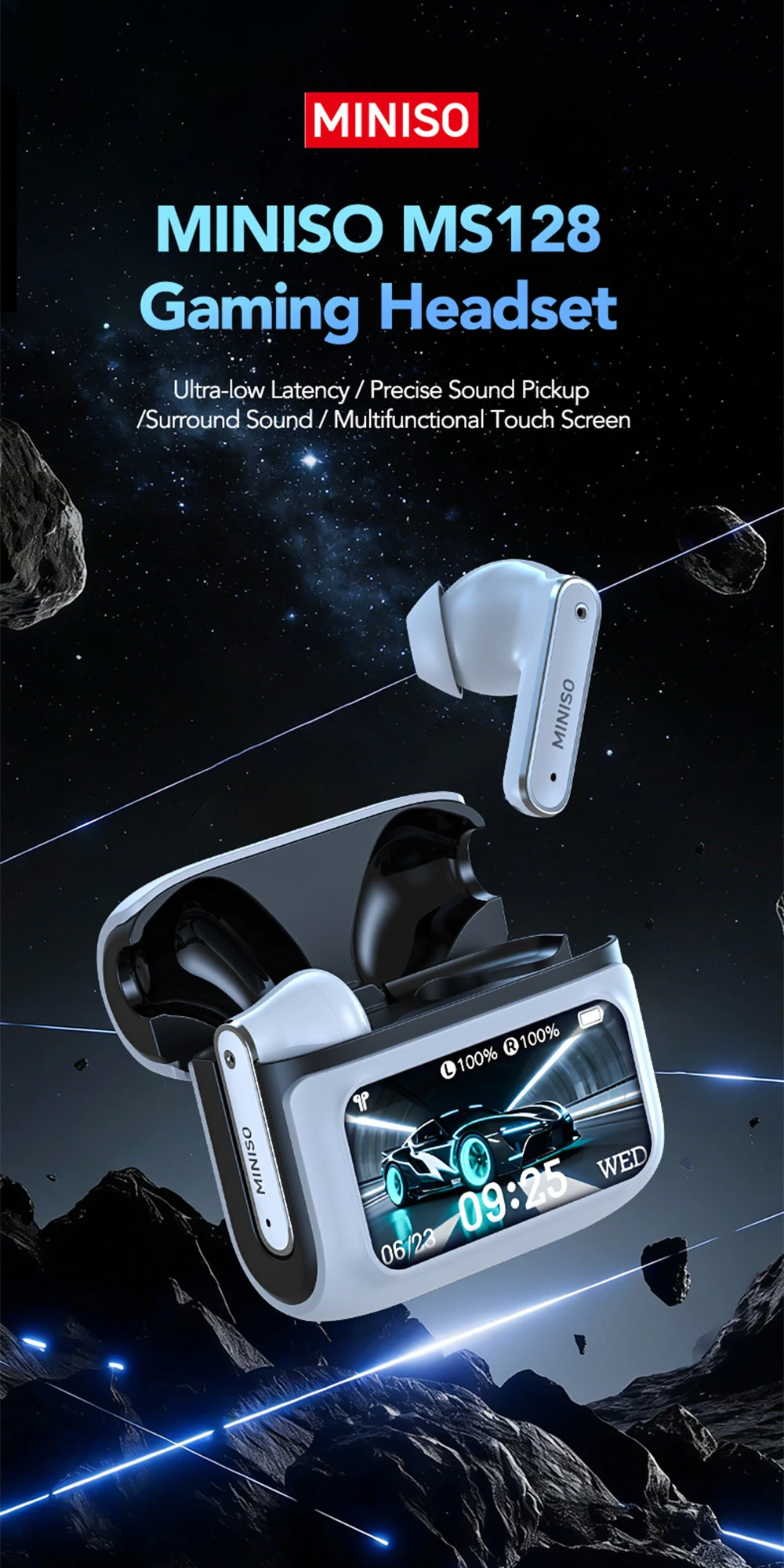 MINISO MS128 Bluetooth-Kopfhörer, geringe Latenz, kabellose Kopfhörer, lange Akkulaufzeit, intelligente Touch-Steuerung, HD-LED-Display, In-Ear-Ohrhörer – Detail 1