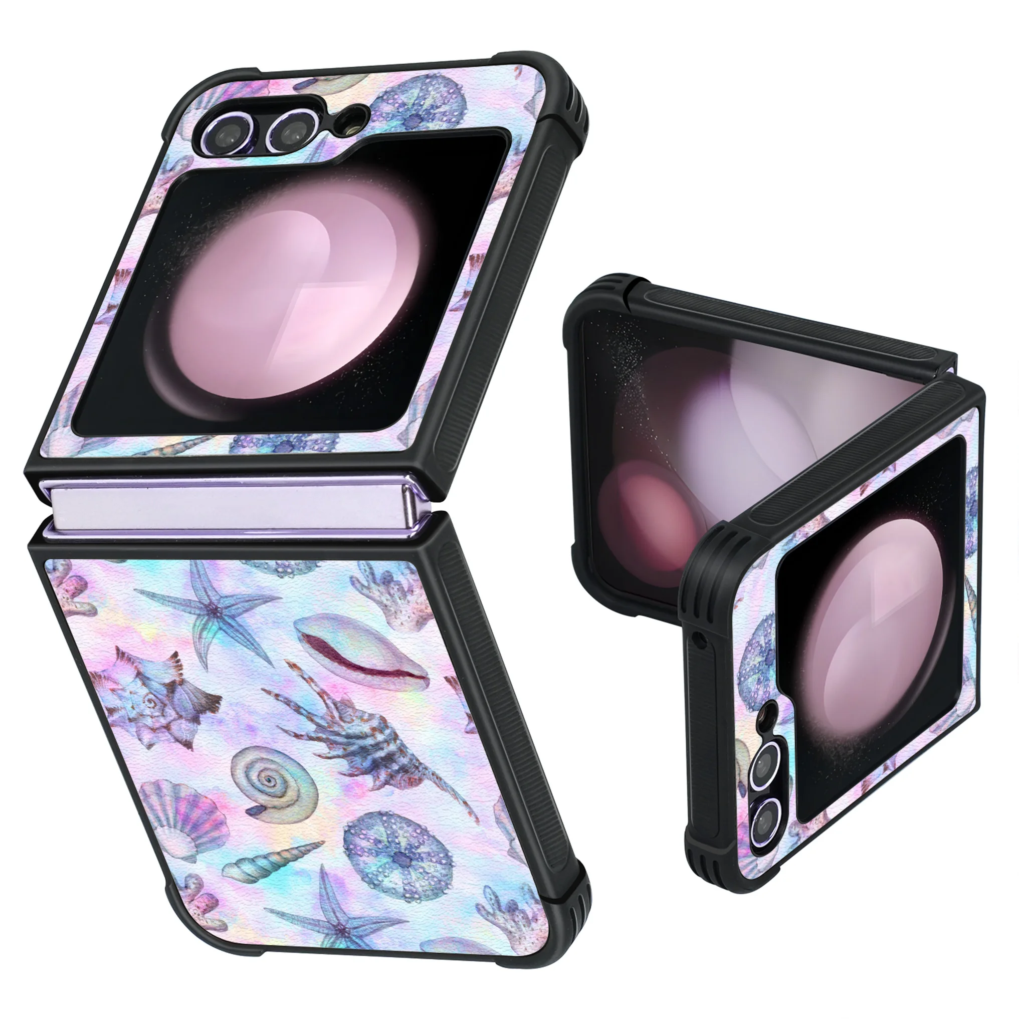 Patterned PU Leather + Soft TPU Bumper Shockproof Protective Case Cover Compatible With Galaxy Z Flip5 5G , Seashell