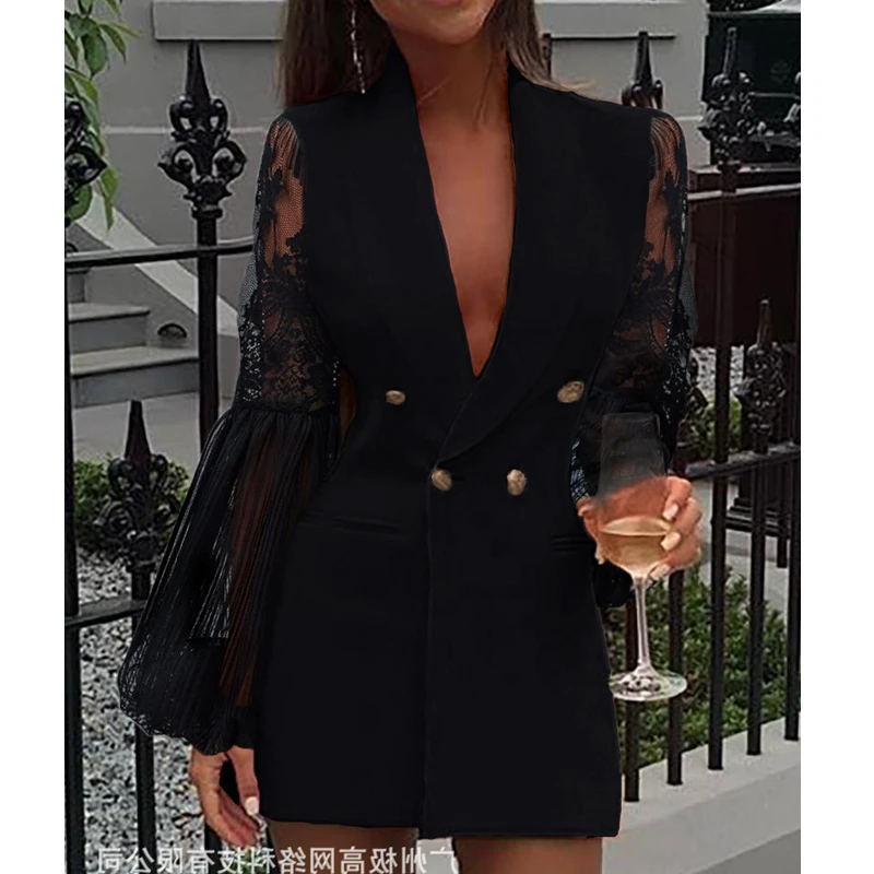 Women Suit Dress Summer Sexy Lace Mesh Sheer Long Sleeve Stitching Dress Women's Casual Double Breasted Slim Solid Color Dress