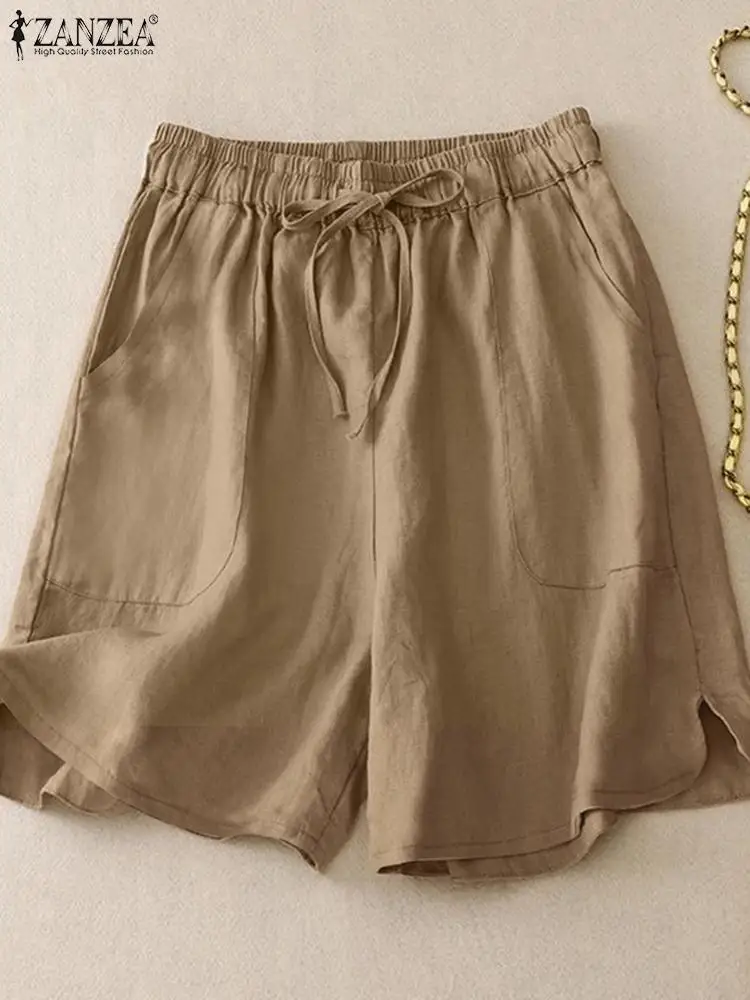 ZANZEA-Calça curta de algodão casual solta feminina, monocromática, shorts elegantes, cintura elástica, cordão, feriado, verão, 2024