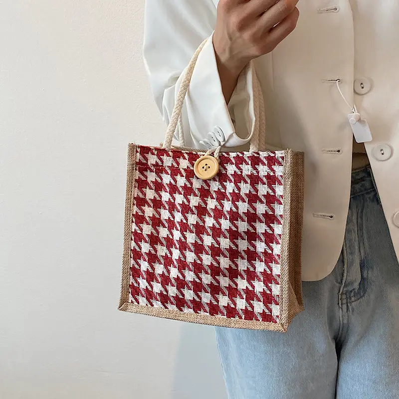 Houndstooth Lunch Bags Linen Fashion Ins Large Capacity Food Storage Tote Bag Functional Portable Travel Picnic Outdoor Lady New