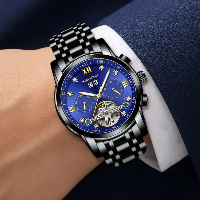 A men's black steel strap business temperament Arabic numerals date display fully automatic mechanical watch
