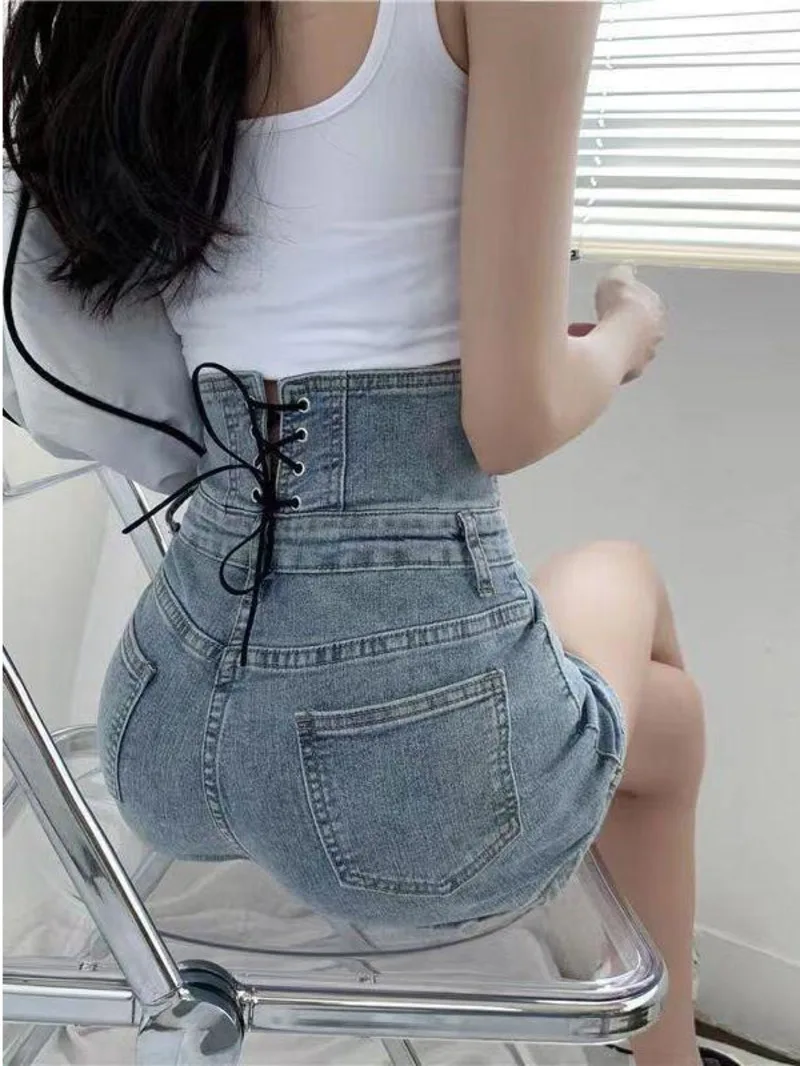 Summer New Waist Denim Strap Shorts for Women's Korean Edition Loose Wide Leg Slim and Versatile Buckle A-line Hot Pants SEZY