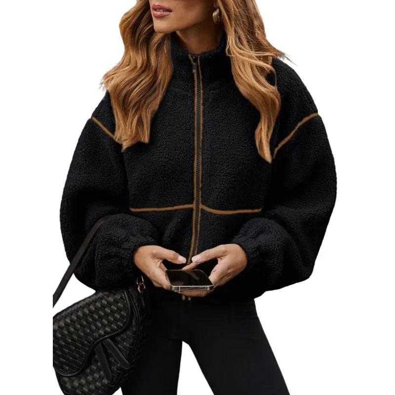 Cross-border Women's Clothing Autumn and Winter Contrasting Lamb Wool Zipper Warm Plush Jacket Europe and America Foreign Trade