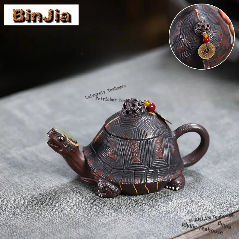 160ml Aesthetic Yixing Purple Clay Teapots Handmade Longevity Turtle Pot Raw Ore Purple Mud Tea Infuser Kettle Zisha Tea Set Tea