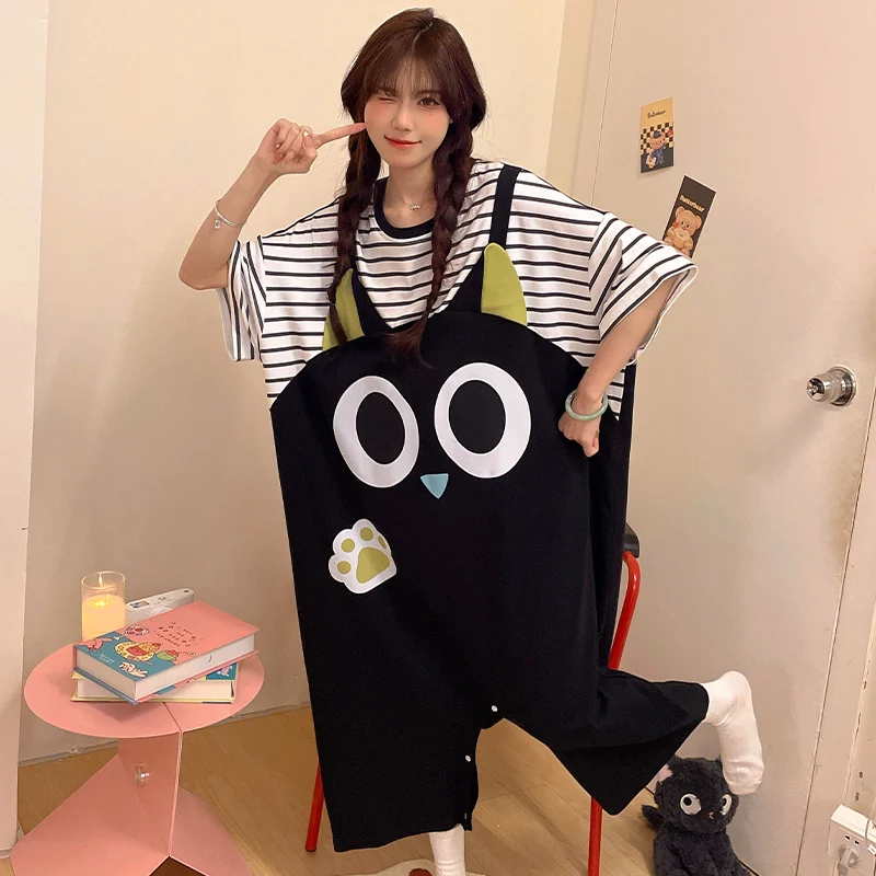 

Summer Women's Sleepwear Cute Cat Cartoon Print Pijama Mujer Pure Cotton Short - Sleeve Pajamas Loose Oversize Soft Loungewear