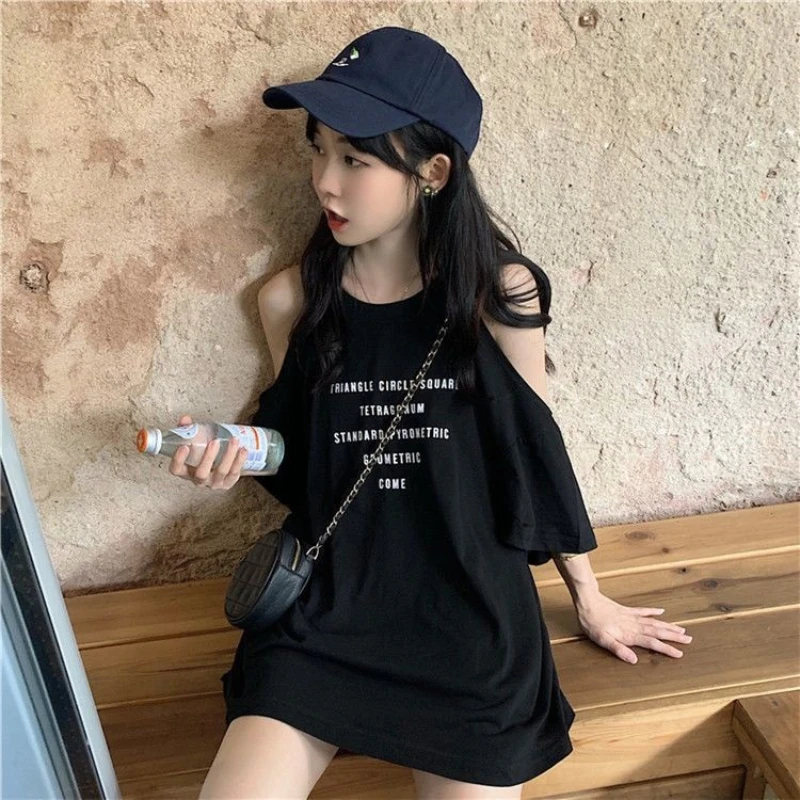 

2025 new Harajuku style loose and fashionable half sleeved off shoulder T-shirt for women's summer long short sleeved top