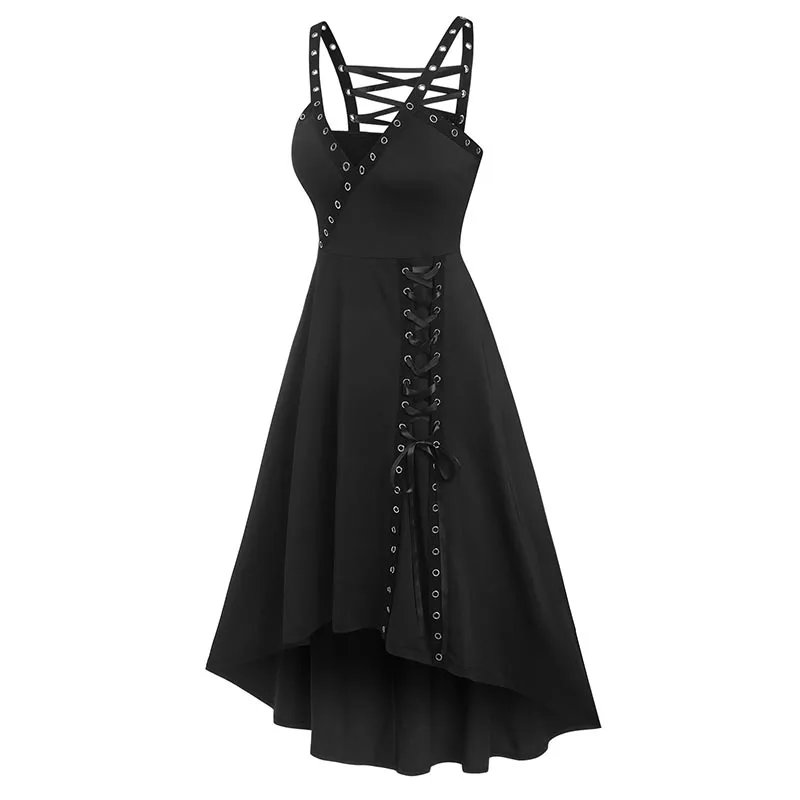 

2024 Women Black Dresses Eyelet Lace Up Gothic Dress Surplice Plunging Neckline High Low Dress Punk Sleeveless Midi A Line Dress