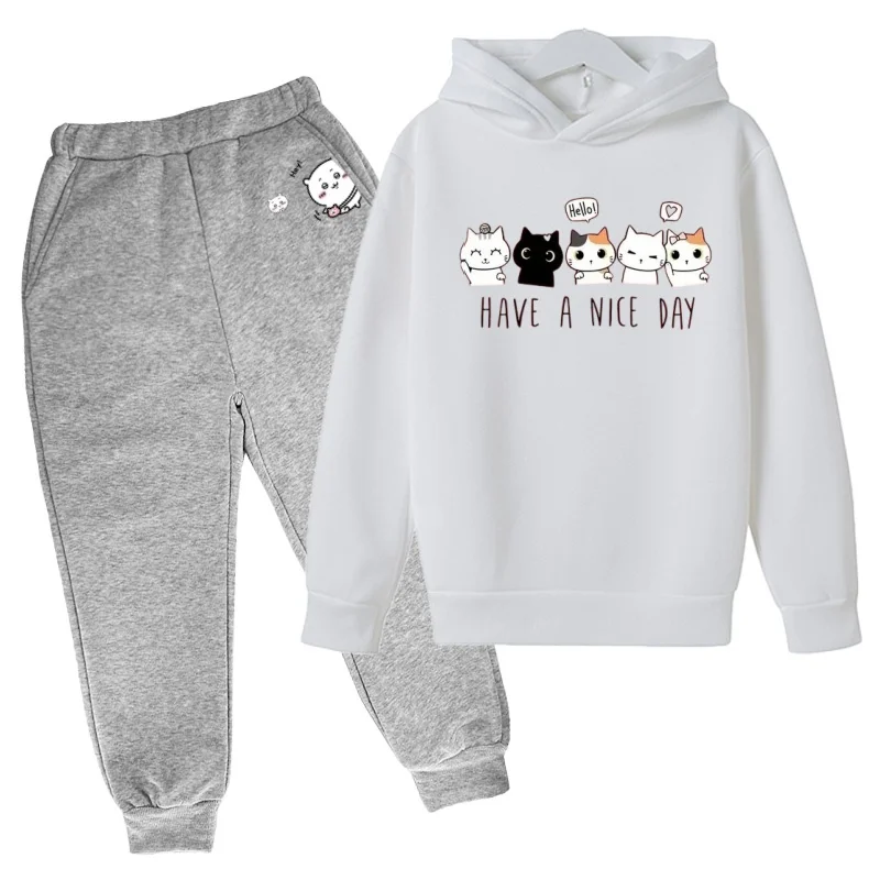 Children's Hoodie Set Spring and Autumn Boys and Girls Outdoor Sports Leisure set Naughty Happy Cat Print 4T-14T