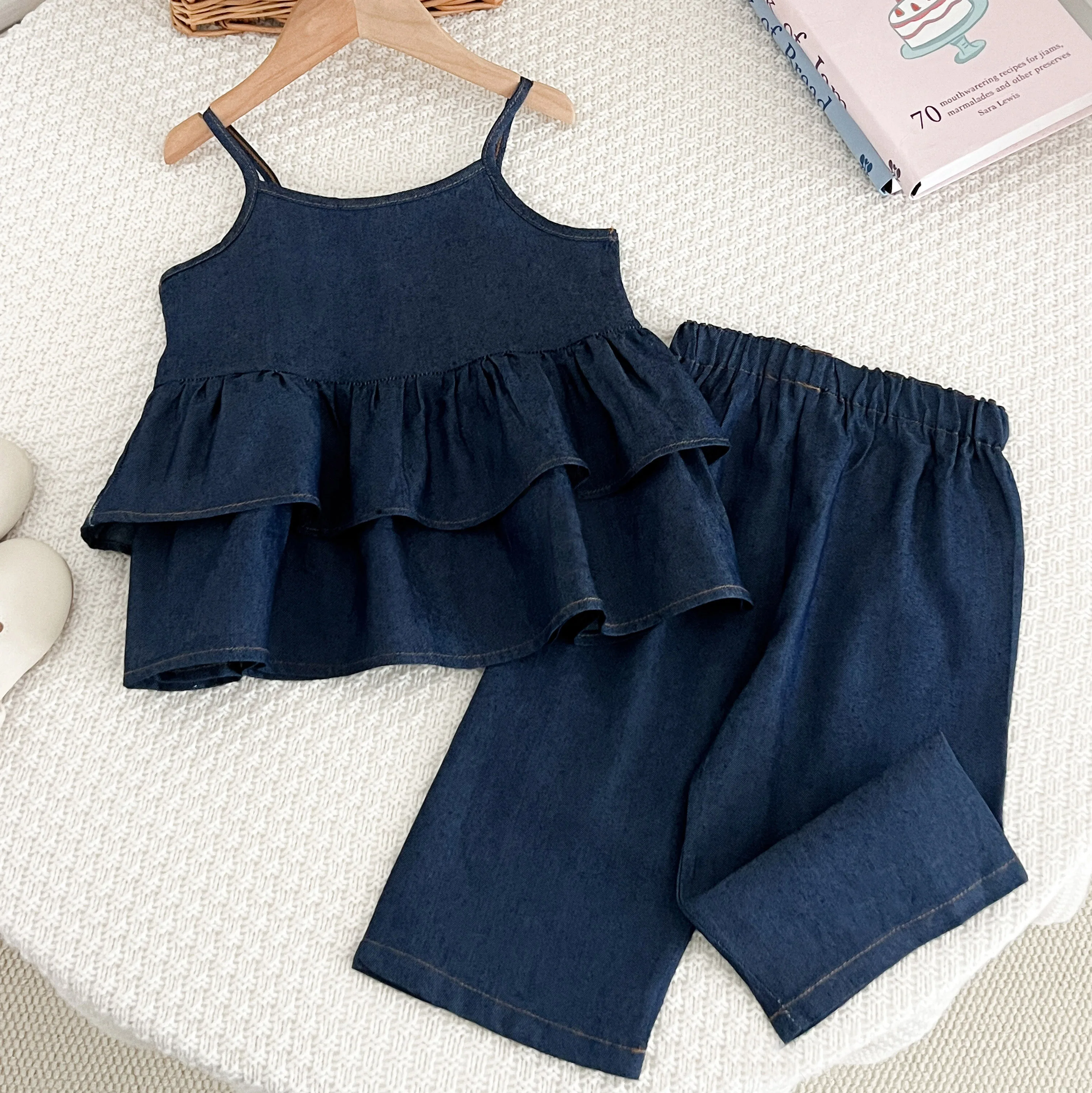 Humor Bear Girls' Set Summer Denim Layered Camisole Wide-leg Pants Casual Kids Clothes Suit 2pcs Outfits