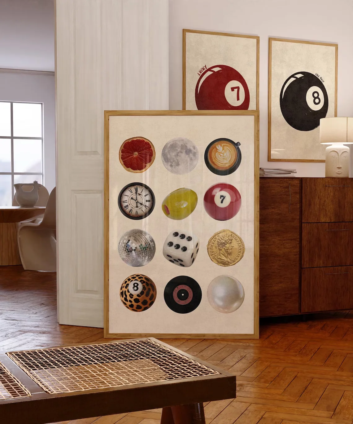 Retro-Collage-Wandkunst, Vintage-Poster mit Disco, Würfeln, Kaffee und 8-Ball, coole Wanddekoration für Wohnzimmer oder Studentenwohnheim