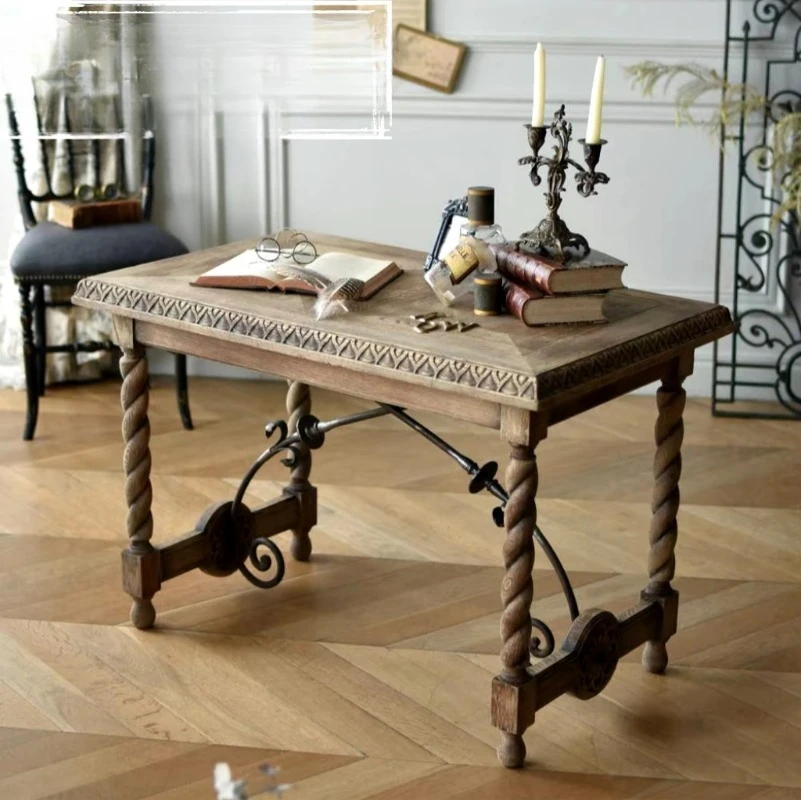 Francês retro coluna romana escultura em madeira maciça longa mesa de jantar europeu casa log convidado mesa de jantar