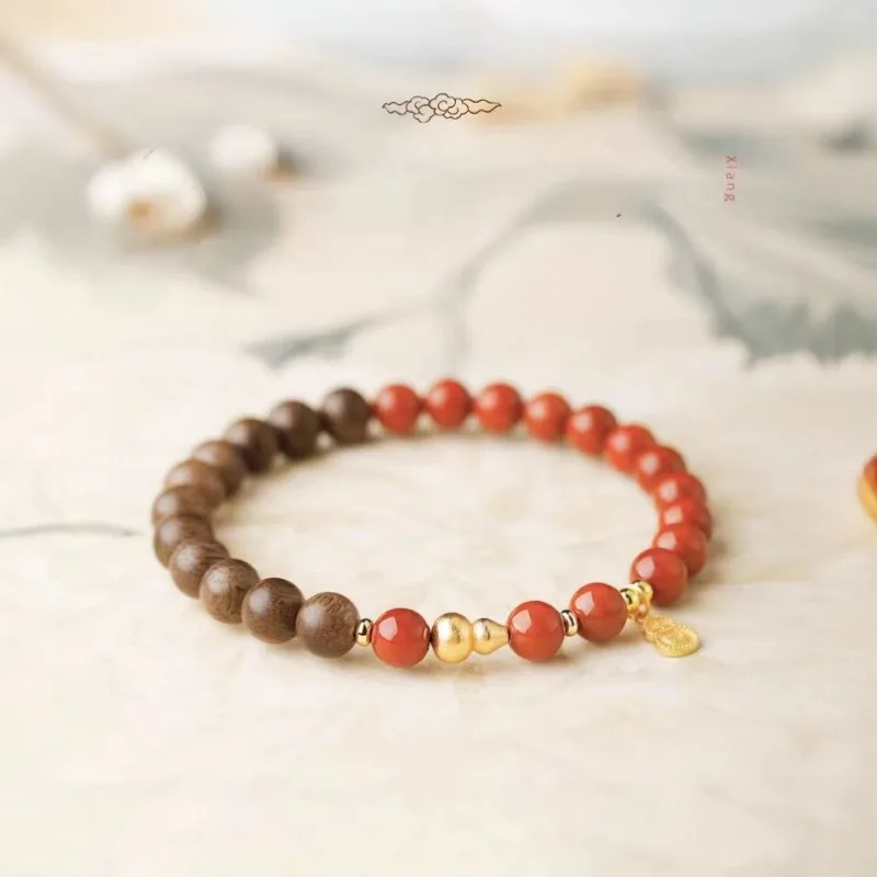 Nanhong Red Agate Agarwood Beaded Bracelet Wood Fire Element Bangle Women Wooden Red Agate Beaded Bracelet Lucky Year Gifts