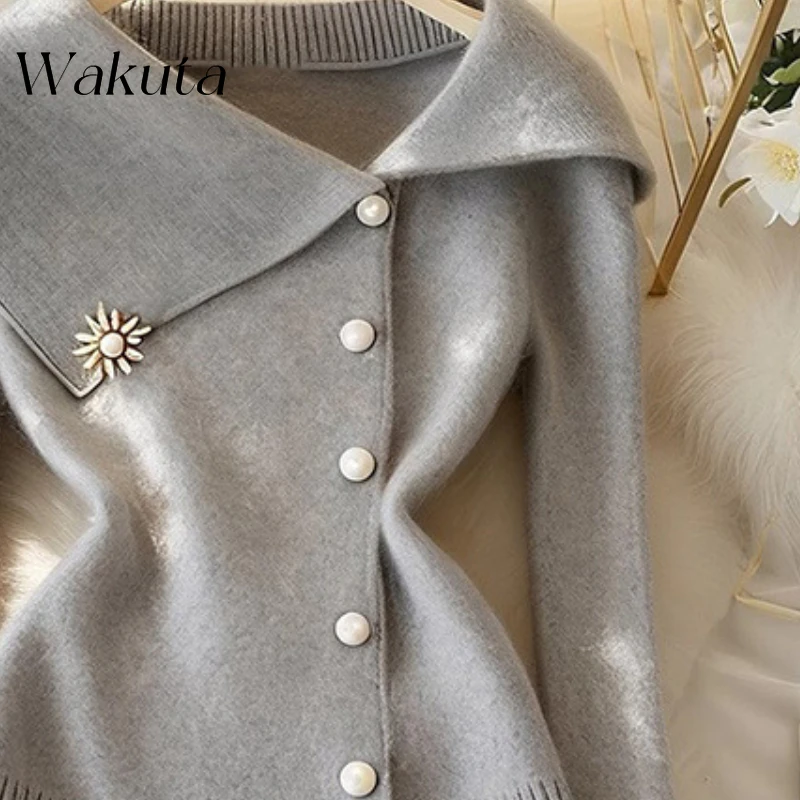 WAKUTA Japan and South Korea Gray Large Lapel Knitted Cardigan Sweaters Female Autumn Lazy Wind Good-looking Versatile Top 2025