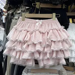 Autumn and Winter Pink Coral Velvet Sweet Girly Lace Splicing Cake Skirt Puffy Skirt
