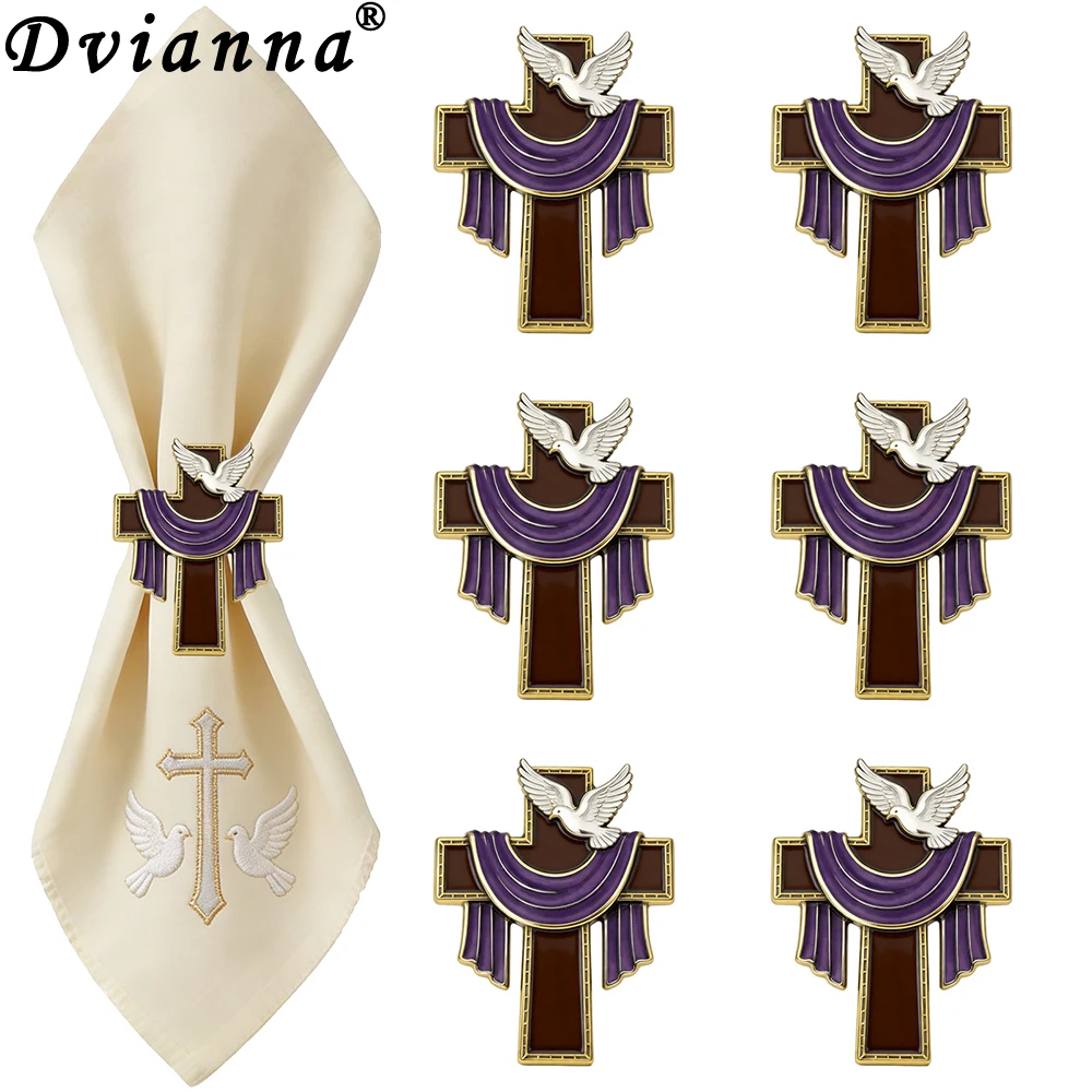 Dvianna 6Pcs Cross Dove Napkin Rings Metal Napkin Holder for Religious Wedding Church Table Decor