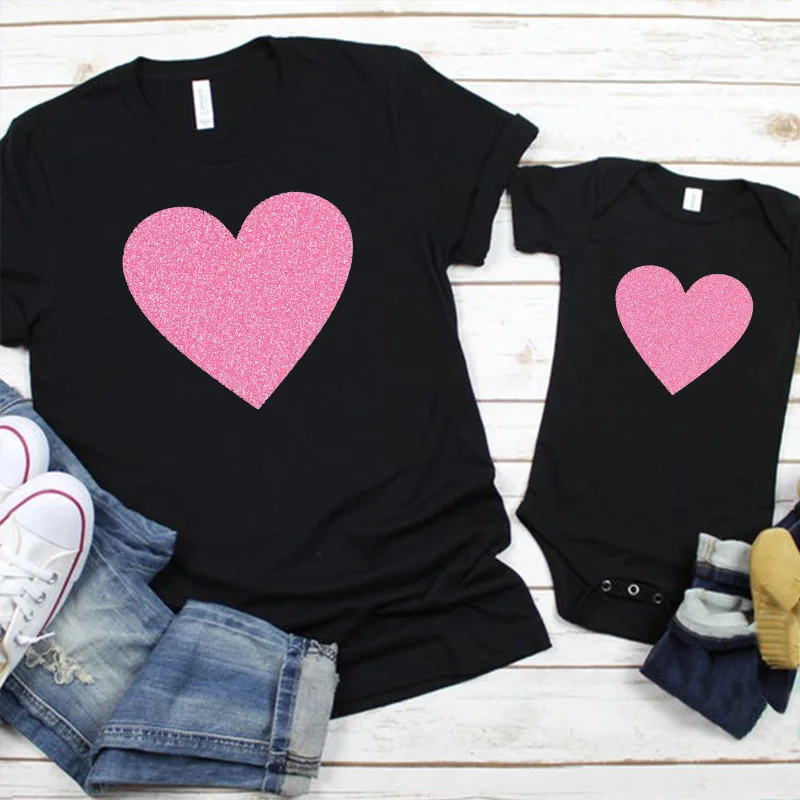 

Heart Valentine Shirt Mother Daughter Matching Clothes Pink Glitter Heart Valentine Tshirt Mommy and Me Tee m