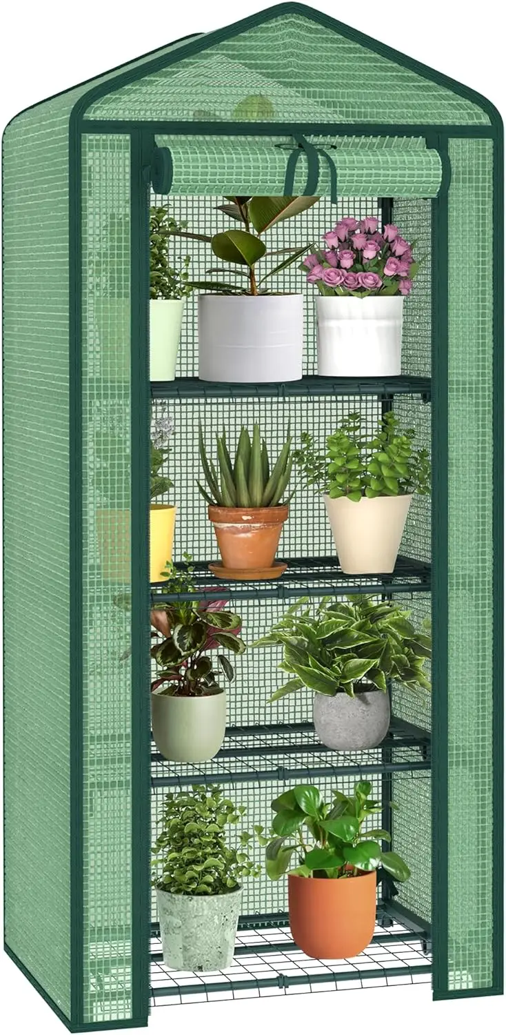 

4-Tier Mini Greenhouse Indoor Outdoor with Shelves, Portable Small Green House for Plants with Durable PE Cover & Zipper Door fo