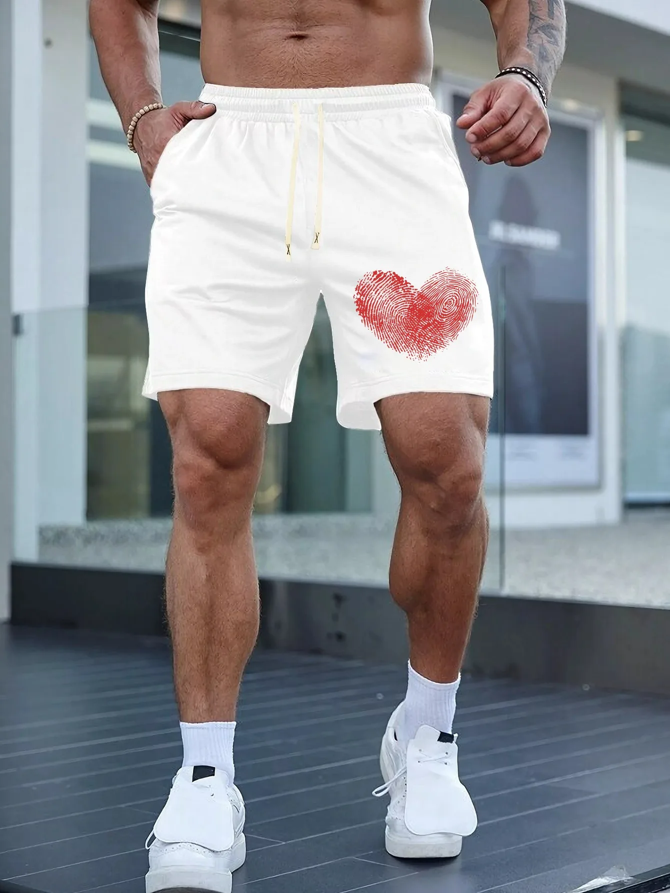 Summer Men's Heart Print Casual Shorts Stylish Versatile Elastic Waist with Drawstring Suitable for Everyday Wear