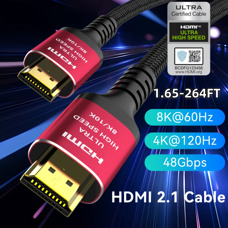 Long 8K HDMI 2.1 Cables,  48Gbps , High Speed Braided Cord-4K@120Hz 8K@60Hz,  Compatible With Roku TV/PS5/PS4/HDTV/RTX 3080 3090