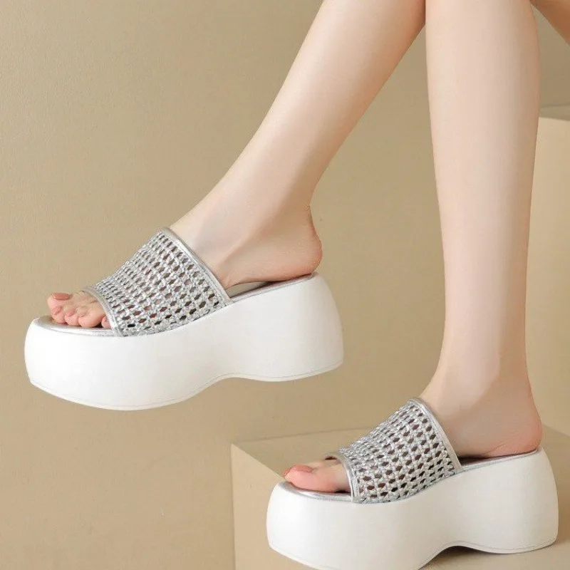 

Women Wedges Sandals Platform Slides Mesh Look Upper High Heel Mules For Ladies Casual Summer Beach Outdoor Walking Shoes Silver