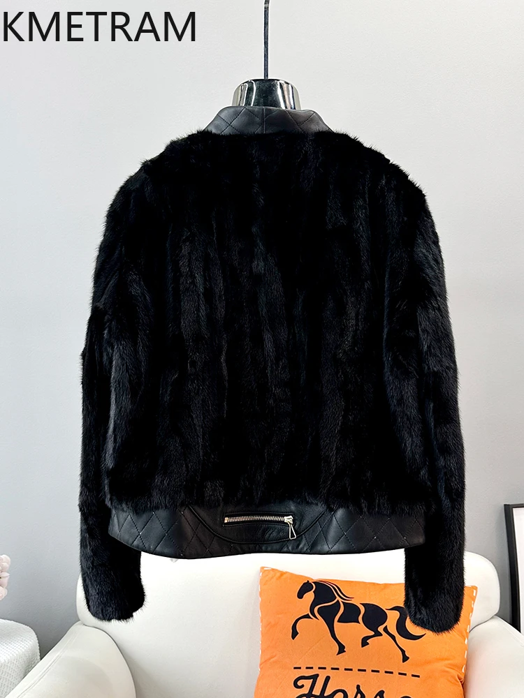 سترة نسائية من فرو المنك الطبيعي لعام 100% معطف فرو حقيقي أسود قصير فاخر ملابس شتوية عالية الجودة للنساء 2025 Fourrure