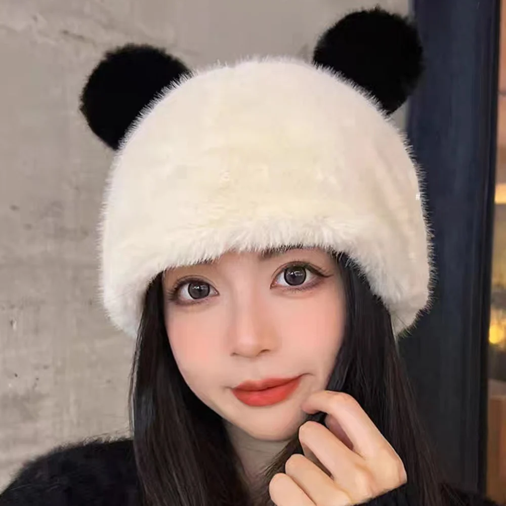 2024 Fluffy Faux Fur Bucket Hat Bear Ears Hat For Women Plush Hat Warm Winter Thicken Cold Snowy Day Panama Cap Ear Protection