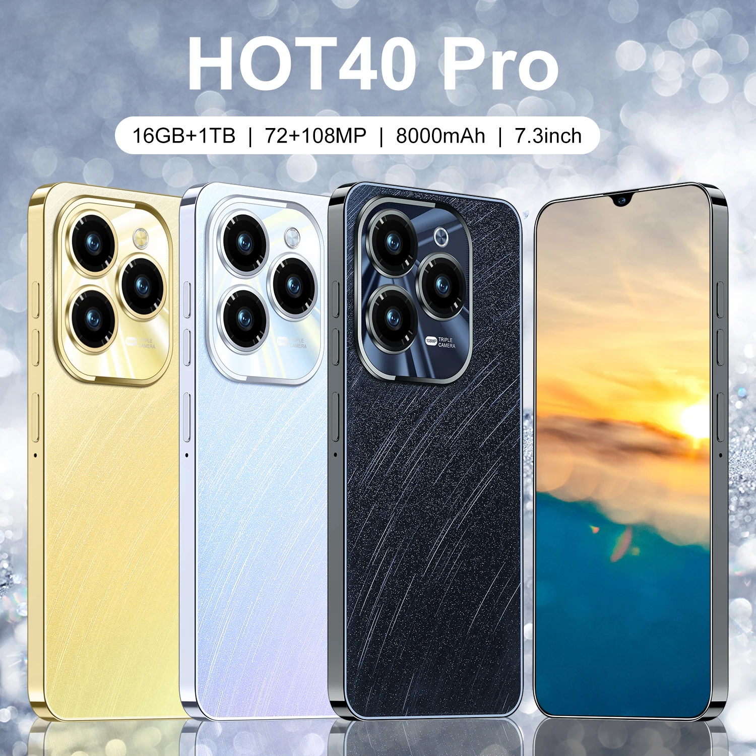 HOT40 Pro ponsel cerdas layar HD 5G 7.3, ponsel pintar Android Snapdragon 8gen2 10core SIM ganda membuka kunci 8000mAh