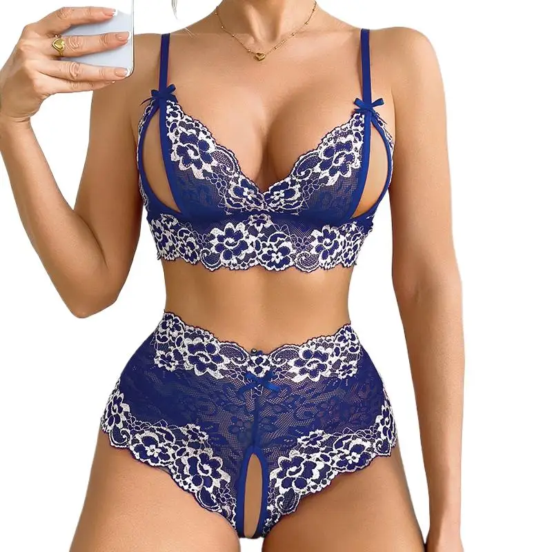 

Сексуальный синий кружевной комплект женского эротического белья с открытой промежностью, полупрозрачный, удобный домашний комплект нижнего белья, эротический костюм