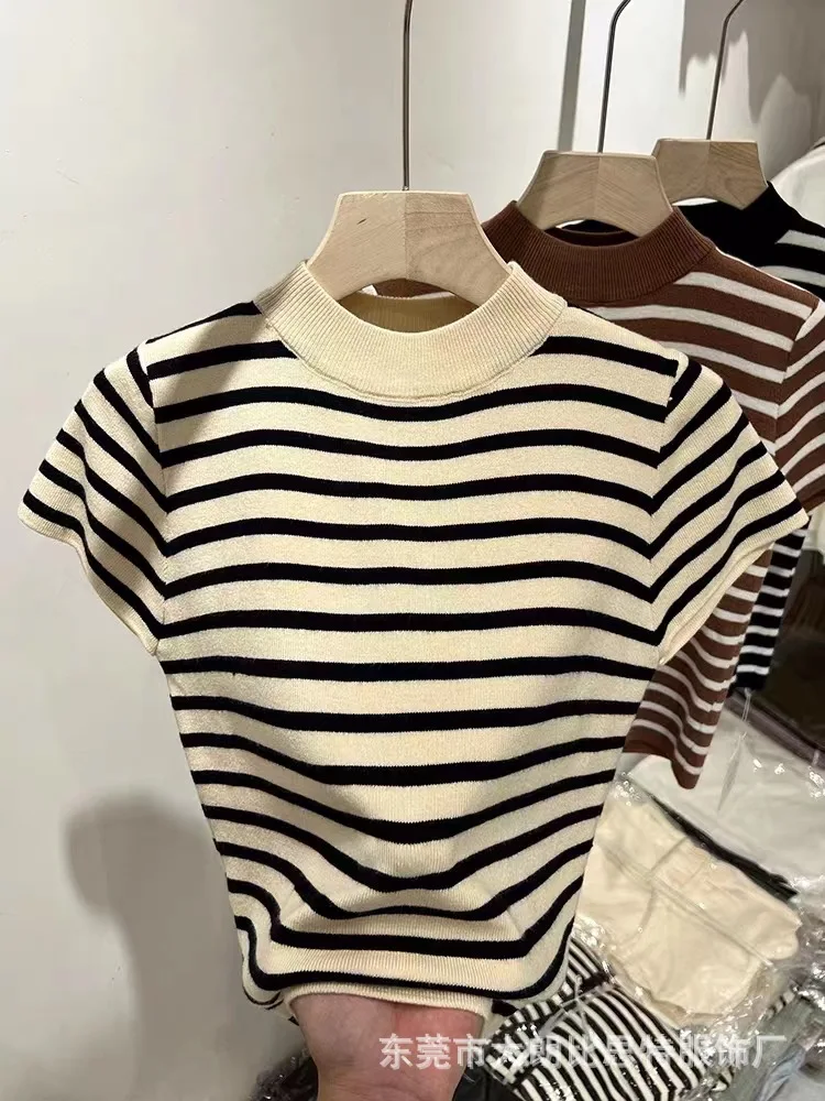 

Striped High Neck Knit Top Slim Fit Short Sleeve Knit Top Ice Silk Shoulder Pad Knit Top Lightweight Short Sleeve T-Shirt