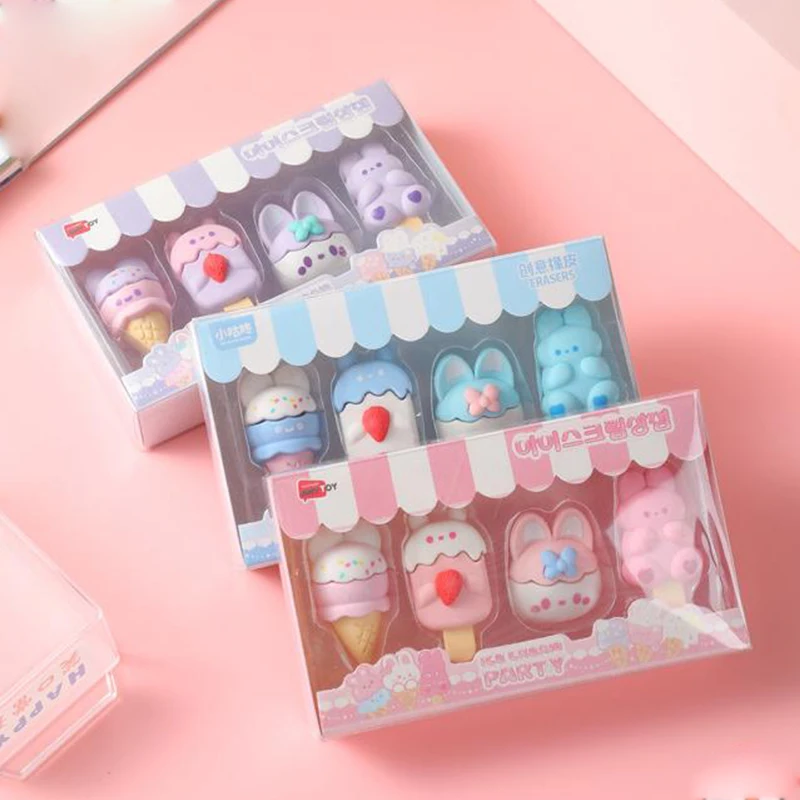 4Pcs Cartoon Rabbit Eraser Girl Heart Ice-cream Cone Shape Eraser Children's Stationery Prizes Creative Office Supplies