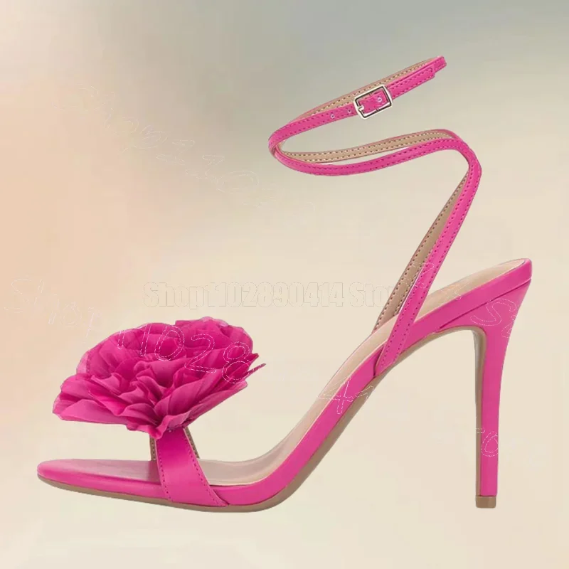Rose Red Ruffles Flower Open Toe Sandals Buckle Strap Women Shoes Thin High Heels Party Banquet Dating 2025 Zapatos Para Mujere