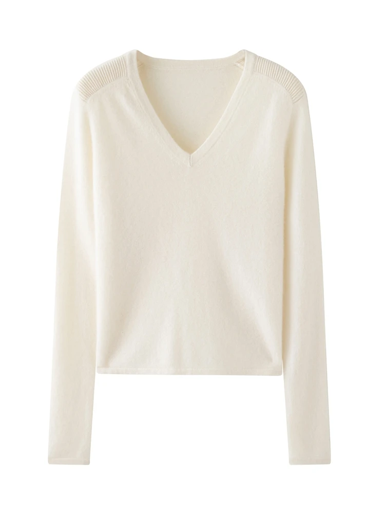 Simple Women's 100% Cashmere Pullover Sweater V-neck Soild Versatile Light Luxury Basic Knitwear Long Sleeve Tops Autumn Winter