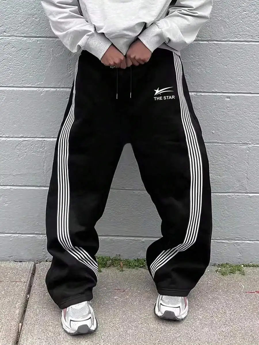 

Men's Black Loose Fit Sweatpants with White Side Stripes and Logo Print