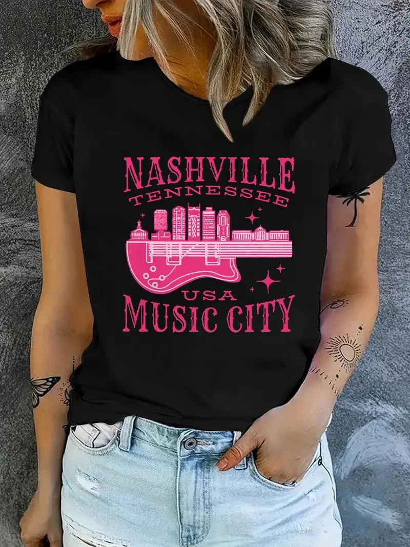 

Souvenir From Nashville Tn Guitar Nashville Letter Graphic Polyester Breathable Tee Shirt Crew Neck Casual T Shirts for Women